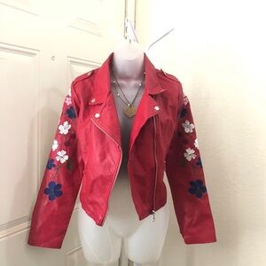 Y2K Red PU leather moto biker bomber motorcycle jacket floral embroidery grunge